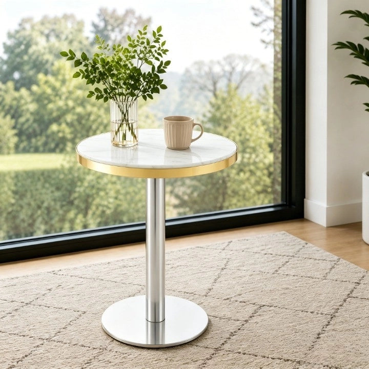 Tavolo da pranzo - rotondo - effetto marmo - bordo oro - base nera/oro/argento - versatile