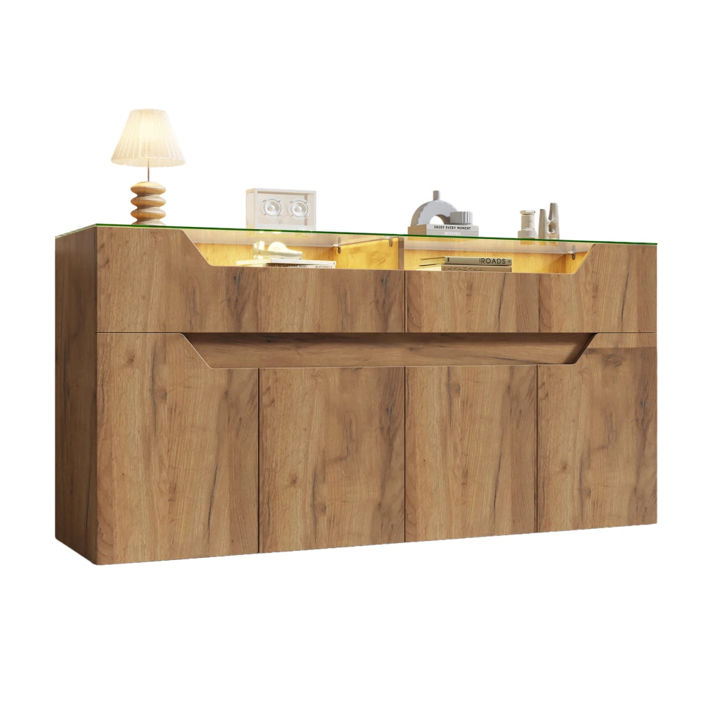 Credenza sideboard 140x40x70 cm in MDF con piano in vetro temperato, 2 cassetti, colore naturale