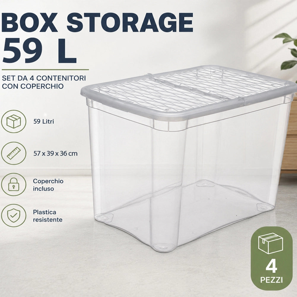4 Pezzi Storage Box Marea Contenitori Trasparenti Plastica 59L x 4Pz 57x39x36 cm