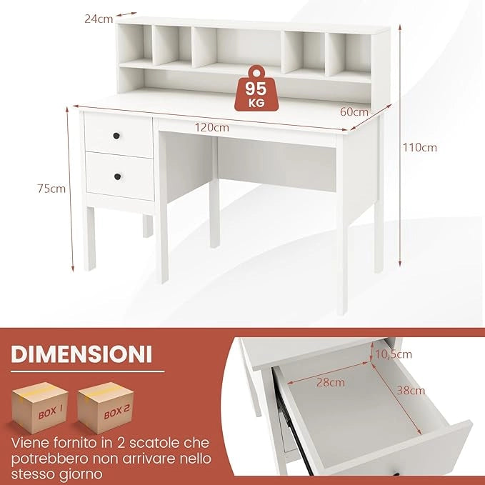 Scrivania con Cassetti e Libreria, Scrivania Moderna con Prese Elettriche, 5 Vani, 2 Cassetti e Porte USB, Scrivania Salvaspazio da Ufficio e Casa, Bianco
