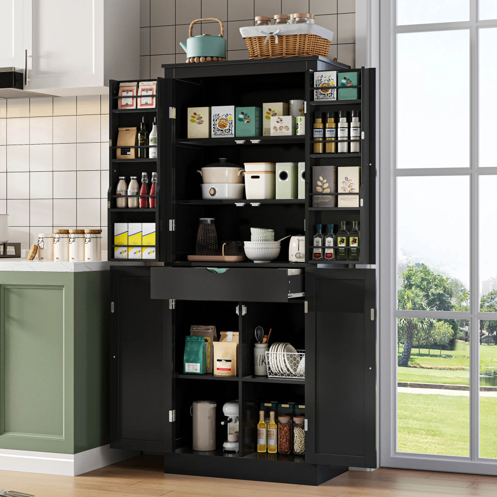 Credenza alta multifunzionale con due ante, ripiani e cassetto interno, 182 × 75 × 40 cm, in MDF, colore nero