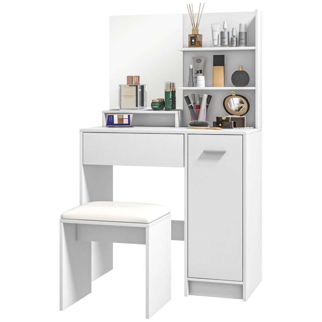 Cassettiera con Specchio e Sgabello ¨C Xylo ¨C Bianco Beige con Ripiani Aperti