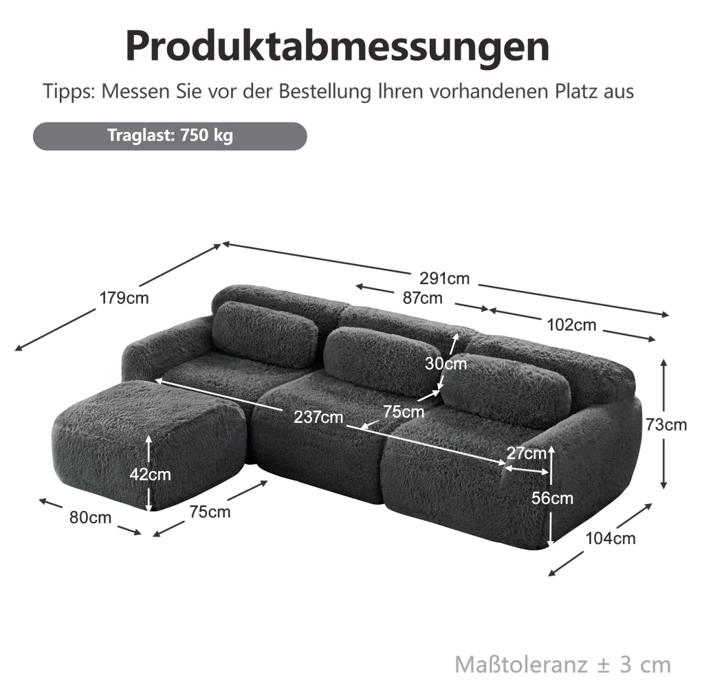 Divano modulare angolare a L 291x179x73 cm in tessuto peluche grigio; senza montaggio