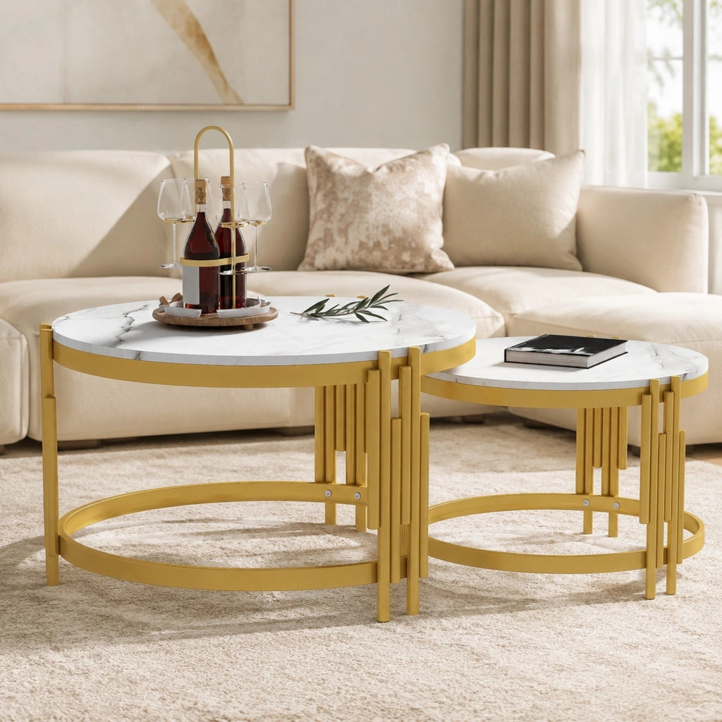 Set di 2 tavolini da caffè rotondi impilabili effetto marmo; MDF e metallo; bianco e ottone anticato