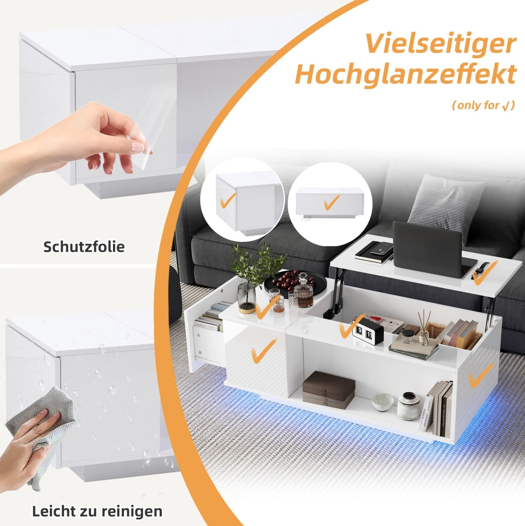 Tavolino da caffè alzabile 100x50x40 cm con contenitore; cassetto e LED Bluetooth; bianco