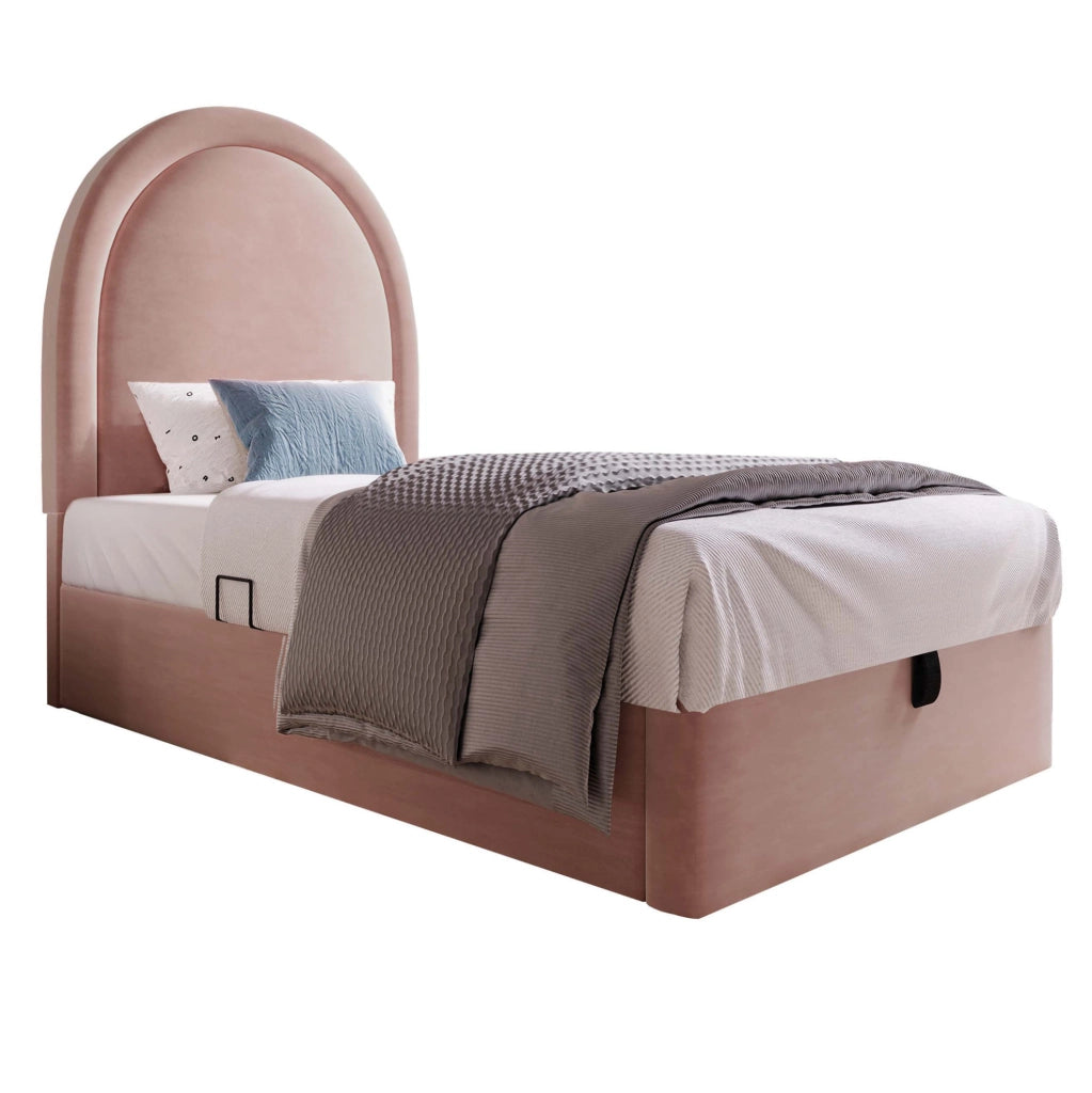 Letto singolo imbottito con contenitore e rete idraulica; 90 x 200 cm; velluto rosa
