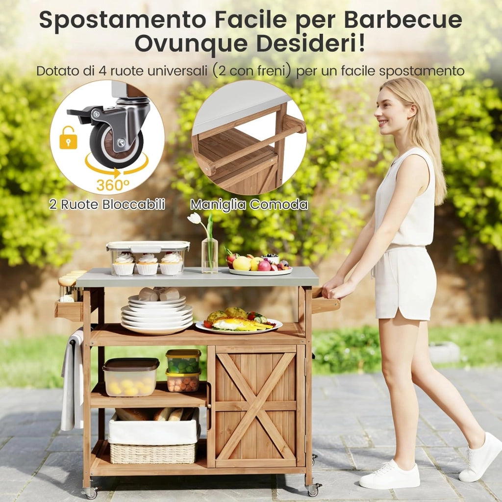 Carrello Barbecue in Legno, con Spazio di Conservazione, Isola da Cucina Esterna con Piano in Acciaio Inox, 3 Ripiani Aperti e Mobile, Porta Spezie, Porta Asciugamani, 118 x 47 x 92 cm