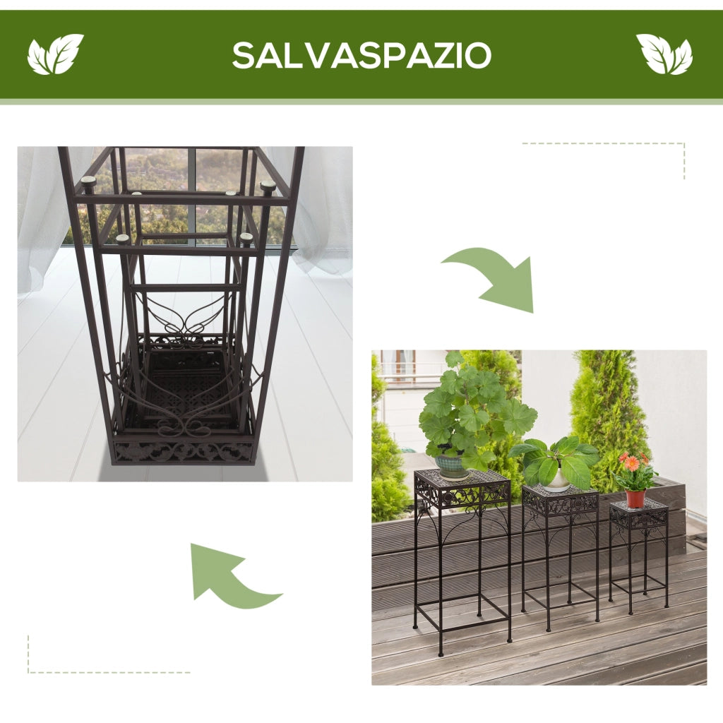 Easycomfort Set di 3 Pezzi Sgabelli Supporto per Piante Classico in Ferro, MARRONE