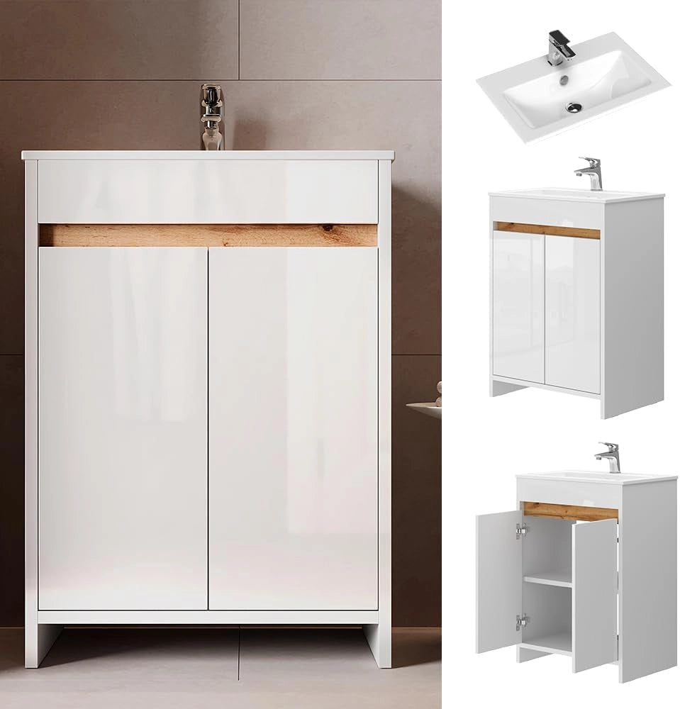 Set di mobili da bagno Lemgo, Bianco lucido, 59.6 cm, composto da mobile sottolavabo e lavabo
