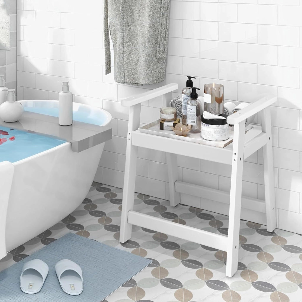Sgabello da Bagno con Braccioli, Sgabello Doccia Impermeabile con Piedini Antiscivoli, Panca Versatile con Carico 150 kg, 58x52x61,5cm (Bianco)