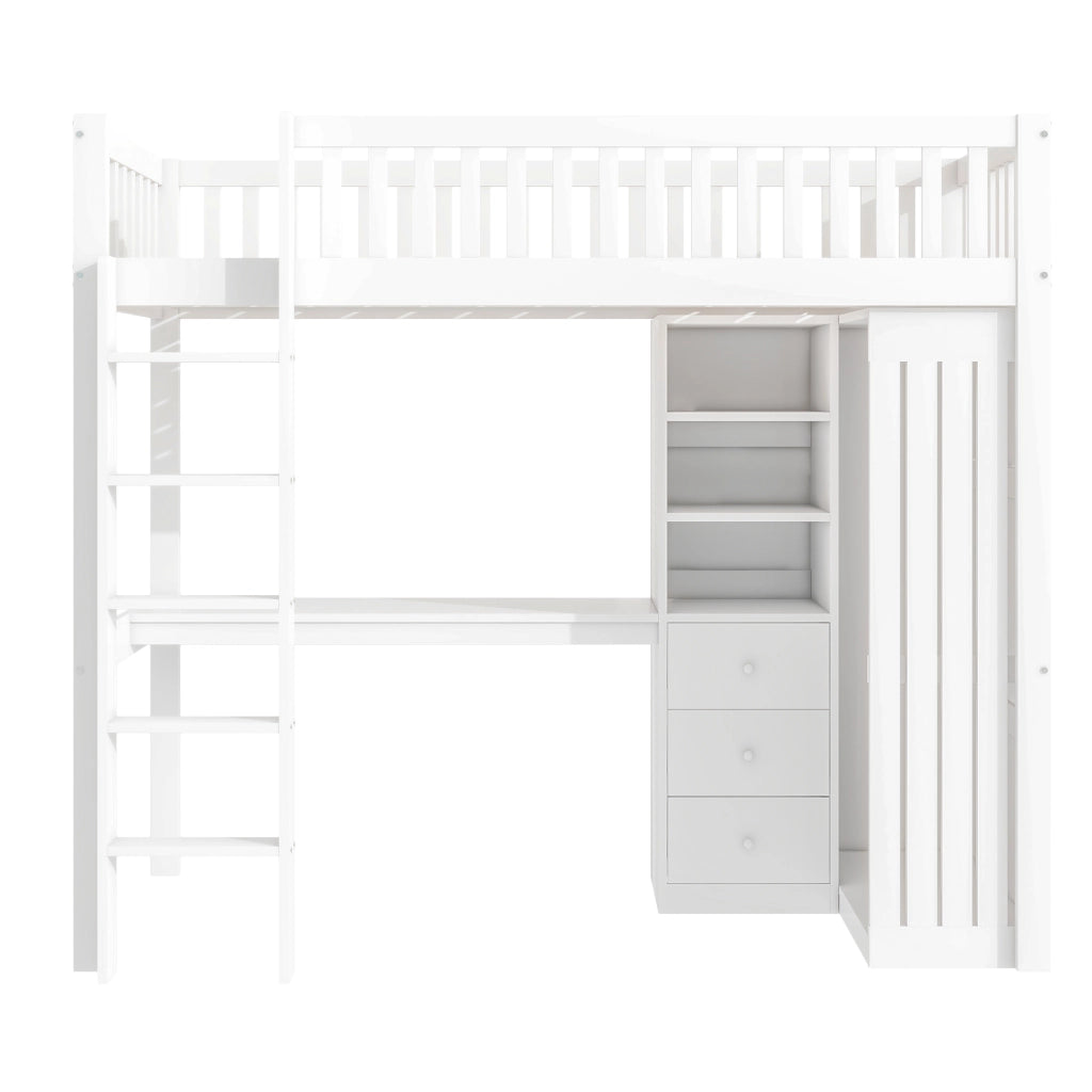Letto a soppalco 90×200 cm; Letto singolo con scrivania; armadio; 3 cassetti e vano aperto; senza materasso