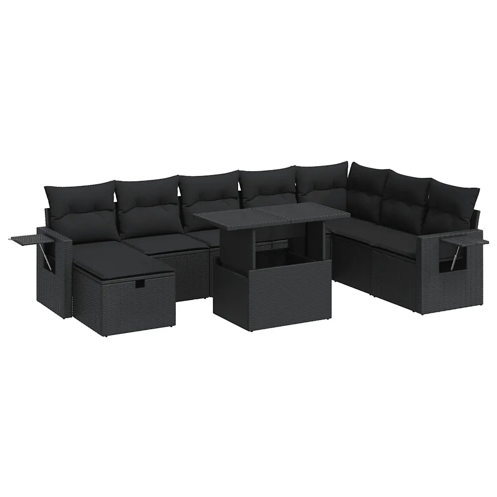 vidaXL Set Divani da Giardino 9 pz con Cuscini Nero in Polyrattan