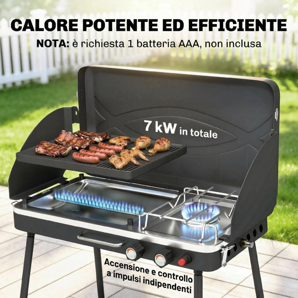 BBQ a Gas Propano Portatile 2-in-1 con Griglia e Fornello. 7KW. Nero