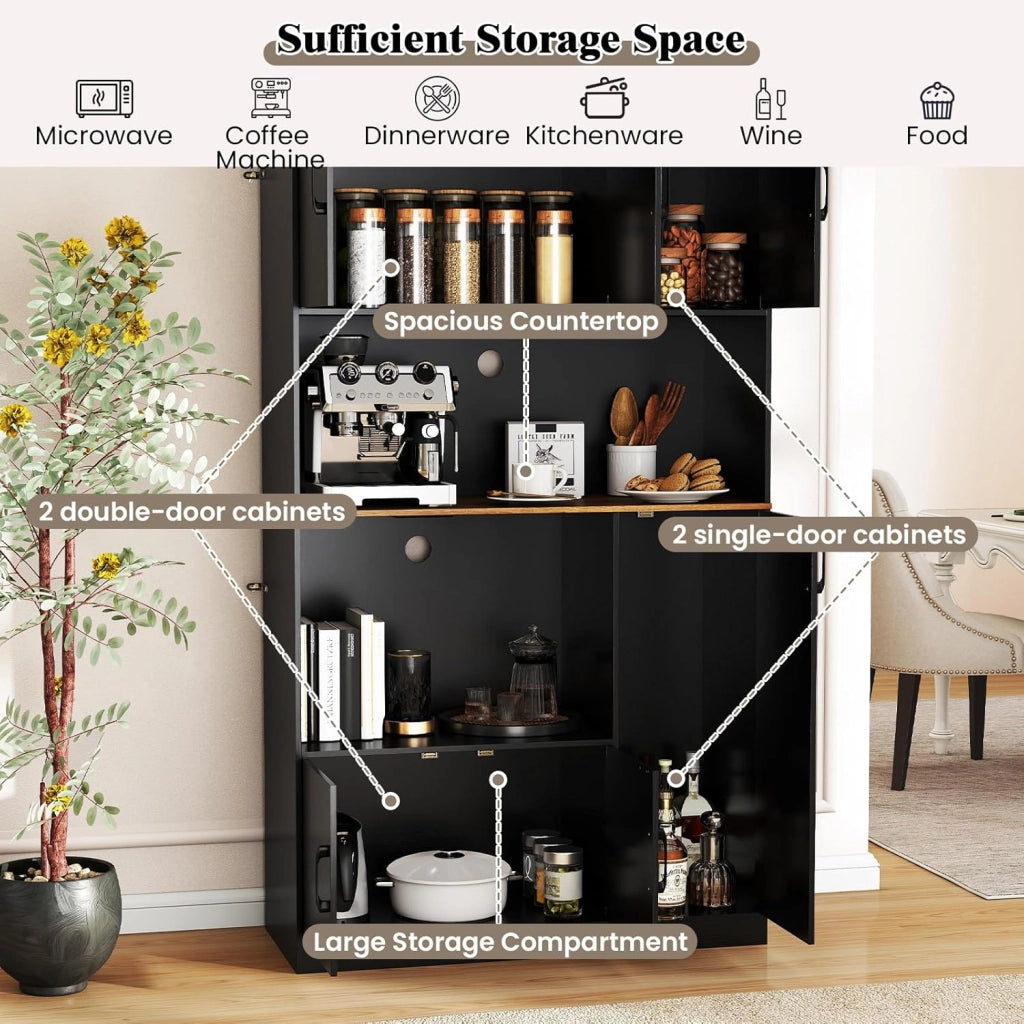 Credenza Alta da Cucina con Stazione di Ricarica, Armadio a Buffet con Ante e Piano di Lavoro, Mobile Dispensa in Legno, per Sala da Pranzo, Soggiorno, Bagno, 100 x 40 x 180 cm (Nero)