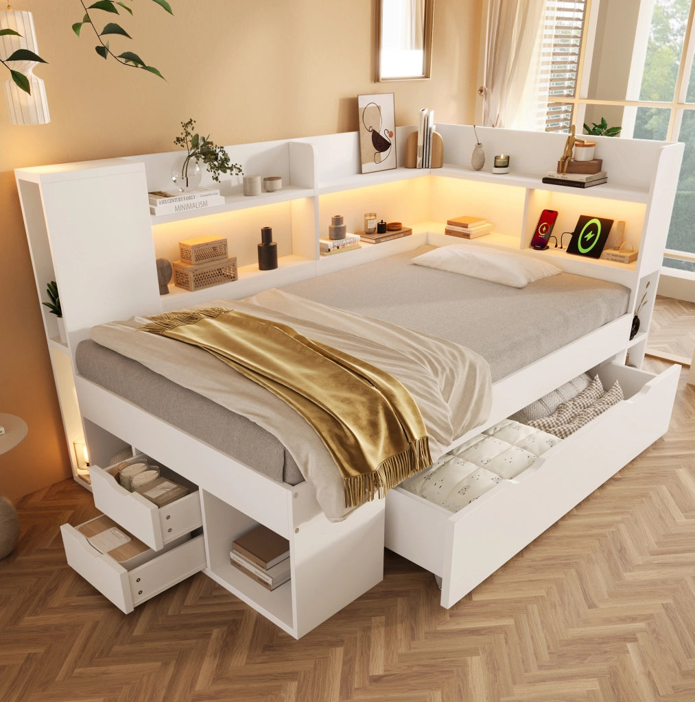 Divano letto 90x200 cm bianco con LED; USB e Type-C; ripiani e cassetti in legno