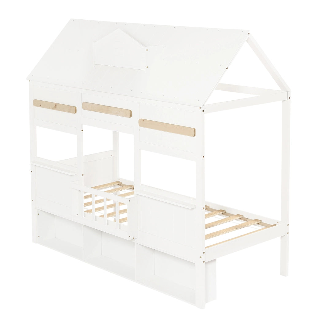 Letto a soppalco 90x200 cm bianco in pino e MDF, libreria integrata, senza materasso
