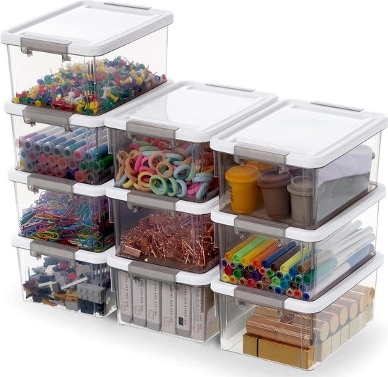 Set di archiviazione per piccoli componenti - 10 pezzi con coperchio e maniglia - trasparente - ripiegabile - plastica elastica e robusta - per Lego e attrezzature per hobby. scatola trasparente.