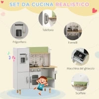 Cucina Giocattolo per Bambini 3-6 Anni con Macchina del Ghiaccio e Utensili, 84x34x89 cm, Bianco e Verde