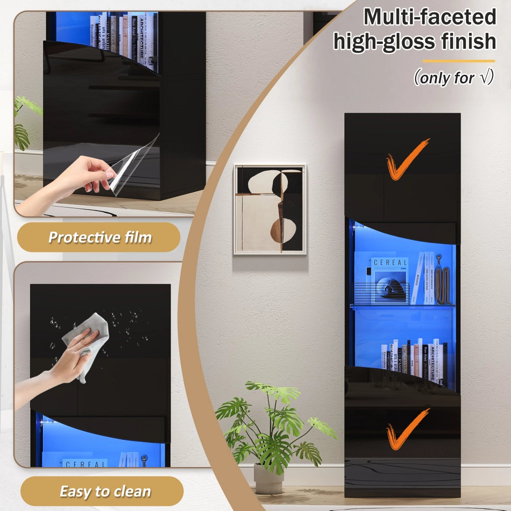 Vetrina alta con 4 ripiani e LED per soggiorno, design stretto, in vetro temperato, nero lucido, 35 × 50 × 165 cm