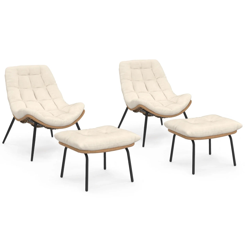 IDMarket - Set di 2 poltrone reclinabili LOA in rattan con cuscini ecrù e poggiapiedi