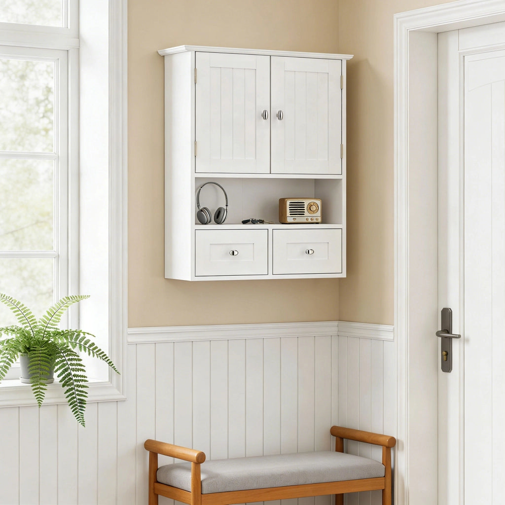 Armadietto Bagno Pensile 2 Ante con Ripiano e 2 Cassetti ¨C zephmum ¨C Legno Bianco