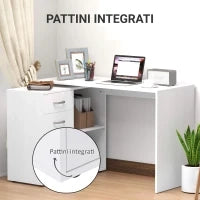 Scrivania Angolare per PC con 2 Cassetti e Ripiani Aperti, Scrivania ad Angolo Forma a L in Legno e Metallo, 117x83.5x76 cm, Bianco