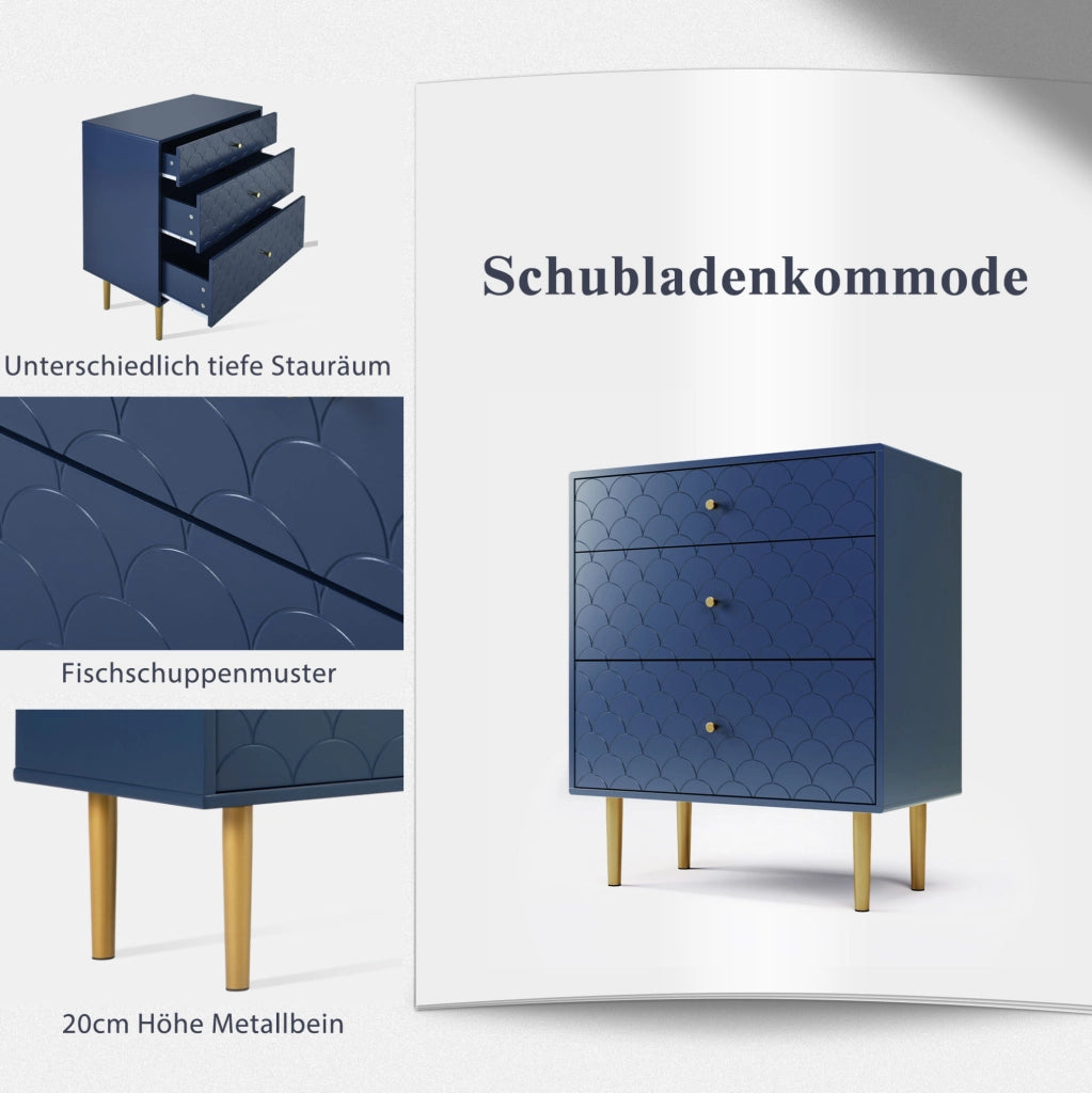 Cassettiera con 3 cassetti in truciolare e metallo; 75 x 40 x 89 cm; blu navy