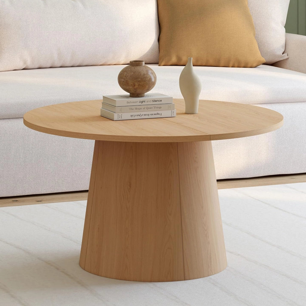 Tavolino rotondo ANGELE da 70 cm con gamba centrale in legno effetto faggio