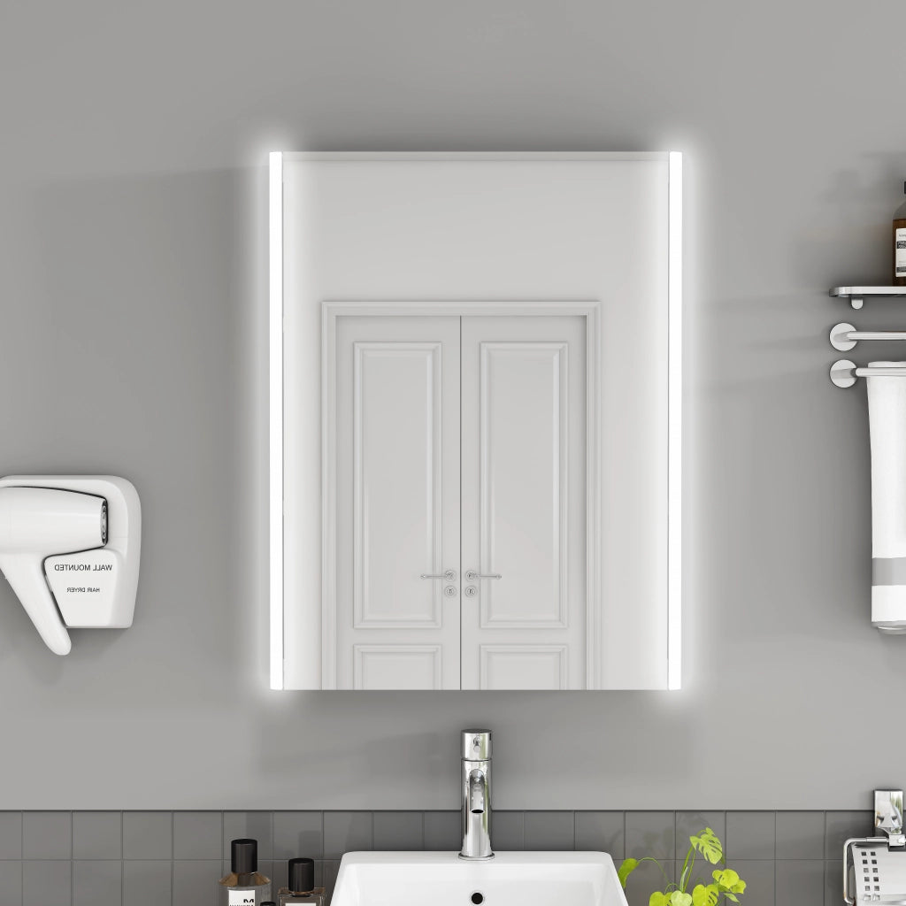 Mobiletto a specchio da 50 cm a parete, mobiletto a specchio da bagno con 1 anta, bianco, preassemblato senza necessit¨¤ di montaggio, luci LED a