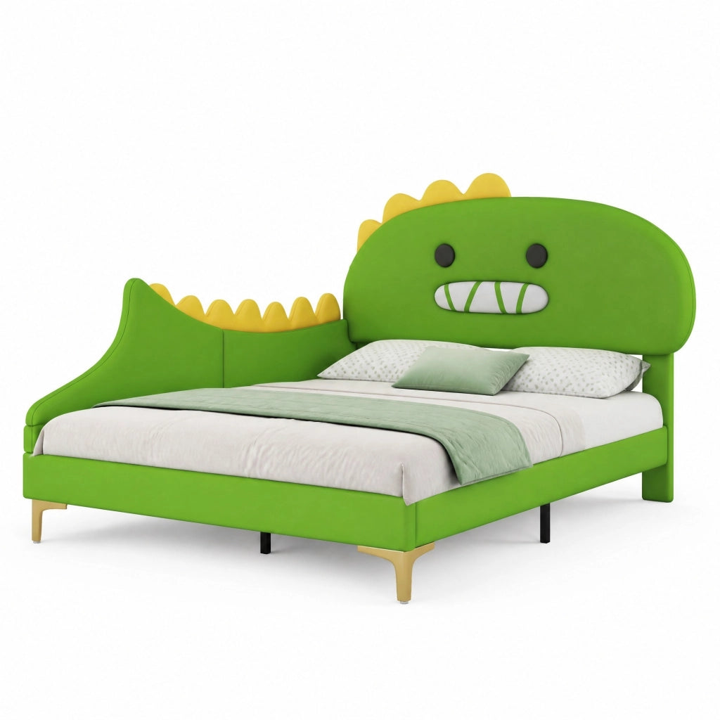 Letto per bambini 140x200 cm a forma di dinosauro, verde, in PU e MDF
