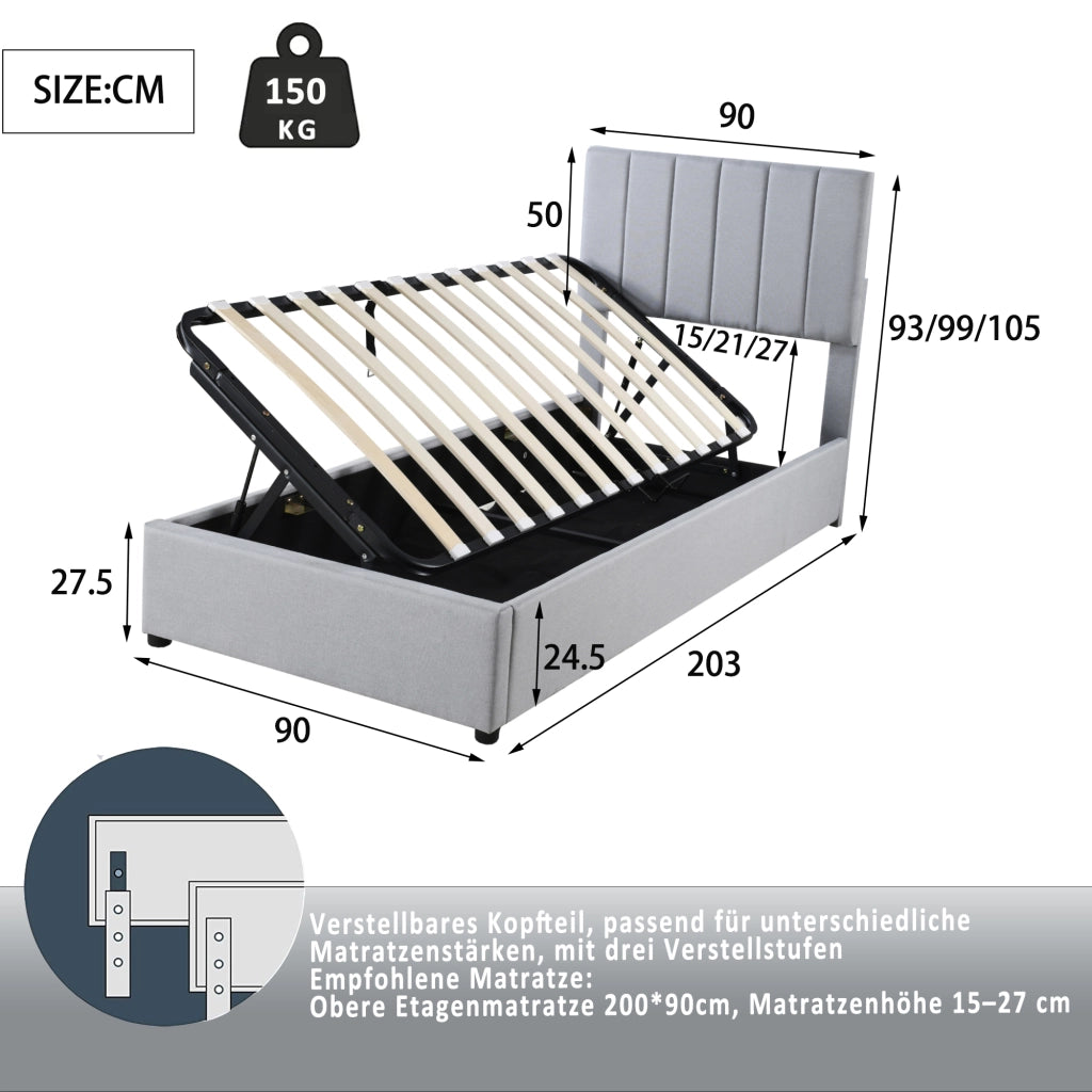 Letto per bambini imbottito con contenitore idraulico e testiera regolabile; lino grigio; 90x200 cm; senza materasso