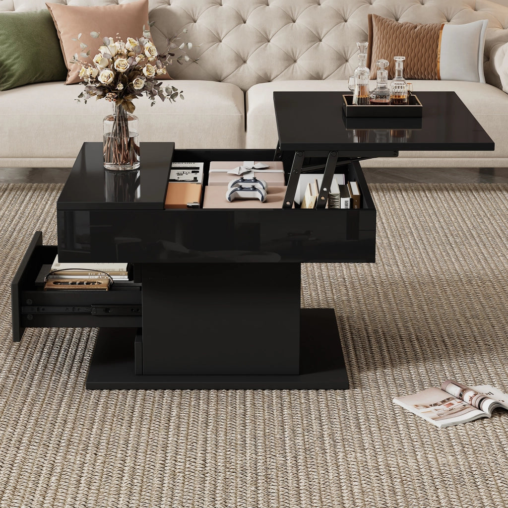 TAVOLO da salotto 70x70x45 cm nero lucido con piano sollevabile e 1 cassetto