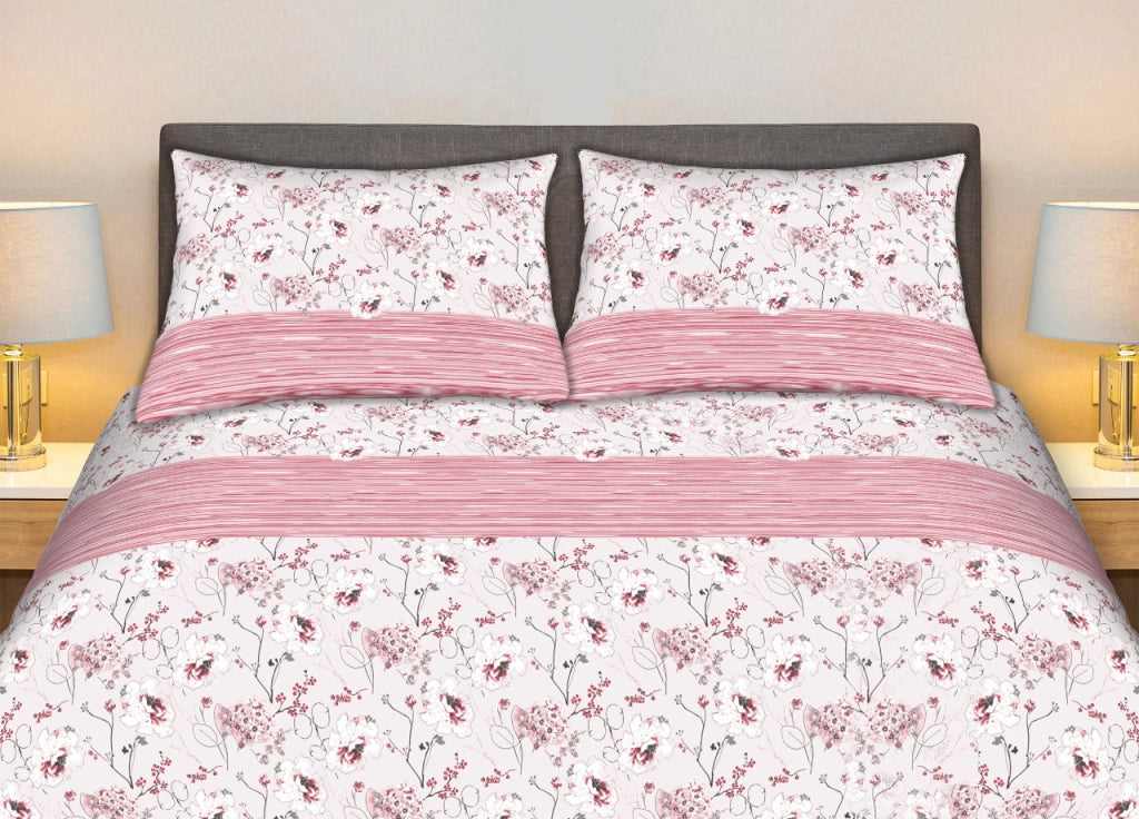 Completo Lenzuola Stiro Facile 100% Cotone Made Italy Effetto Seta Bouquet - Matrimoniale - Rosa