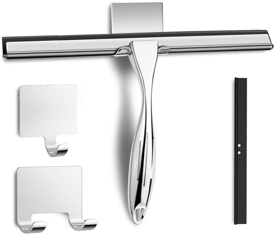 Douchewisser in acciaio inossidabile 25CM con spine adesive e fogli di ricambio, set di wisseri per la doccia, wisseri antiscivolo per vetro, set di schiuma per doccia, wisseri per doccia e vasca