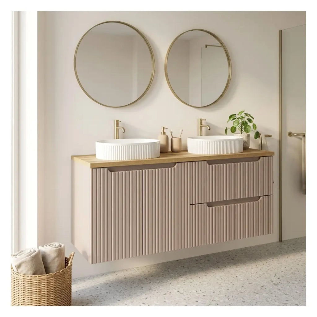 Set VANO cashmere e rovere 120cm: mobile sottolavabo con cassetti e armadietti + lavabi da appoggio bianchi scanalati