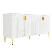 Credenza cucina design unico a onde con 4 ante e 2 cassetti, maniglie e piedi dorati, in MDF, 152×40×75 cm, Bianco
