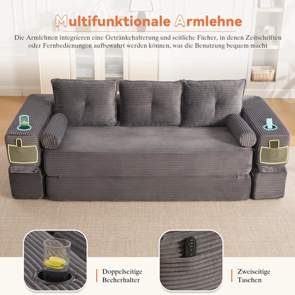 Divano letto convertibile modulare a 3 posti con tasche laterali e porta bicchieri in velluto a coste grigio scuro