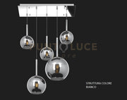 SOSP. BIANCO RETTANGOLARE 5 LUCI VETRI (1 GRANDE+1 MEDIO+3 PICCOLO) TUTTI CROMO 1155BI-S5 RMIX-CR