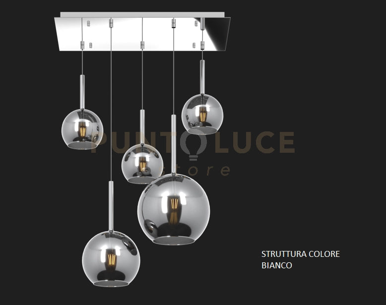 SOSP. BIANCO RETTANGOLARE 5 LUCI VETRI (1 GRANDE+1 MEDIO+3 PICCOLO) TUTTI CROMO 1155BI-S5 RMIX-CR