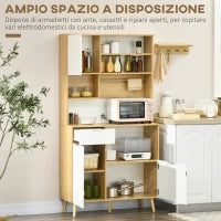 Dispensa da Cucina in Truciolato con Armadietti, Cassetti, Ripiani Regolabili e Appendino, 93x40x180 cm