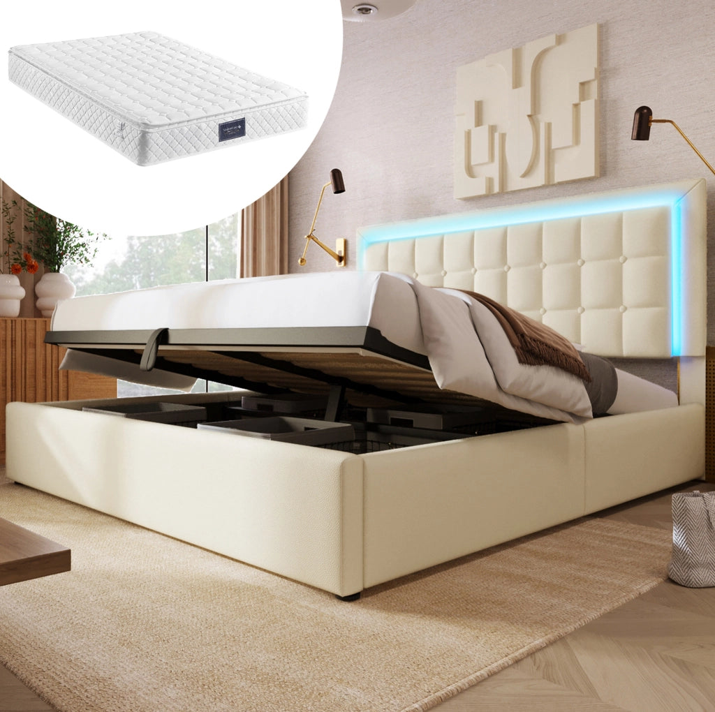 Letto matrimoniale 160x200 cm con LED; contenitore; testiera imbottita in PU bianco; con materasso
