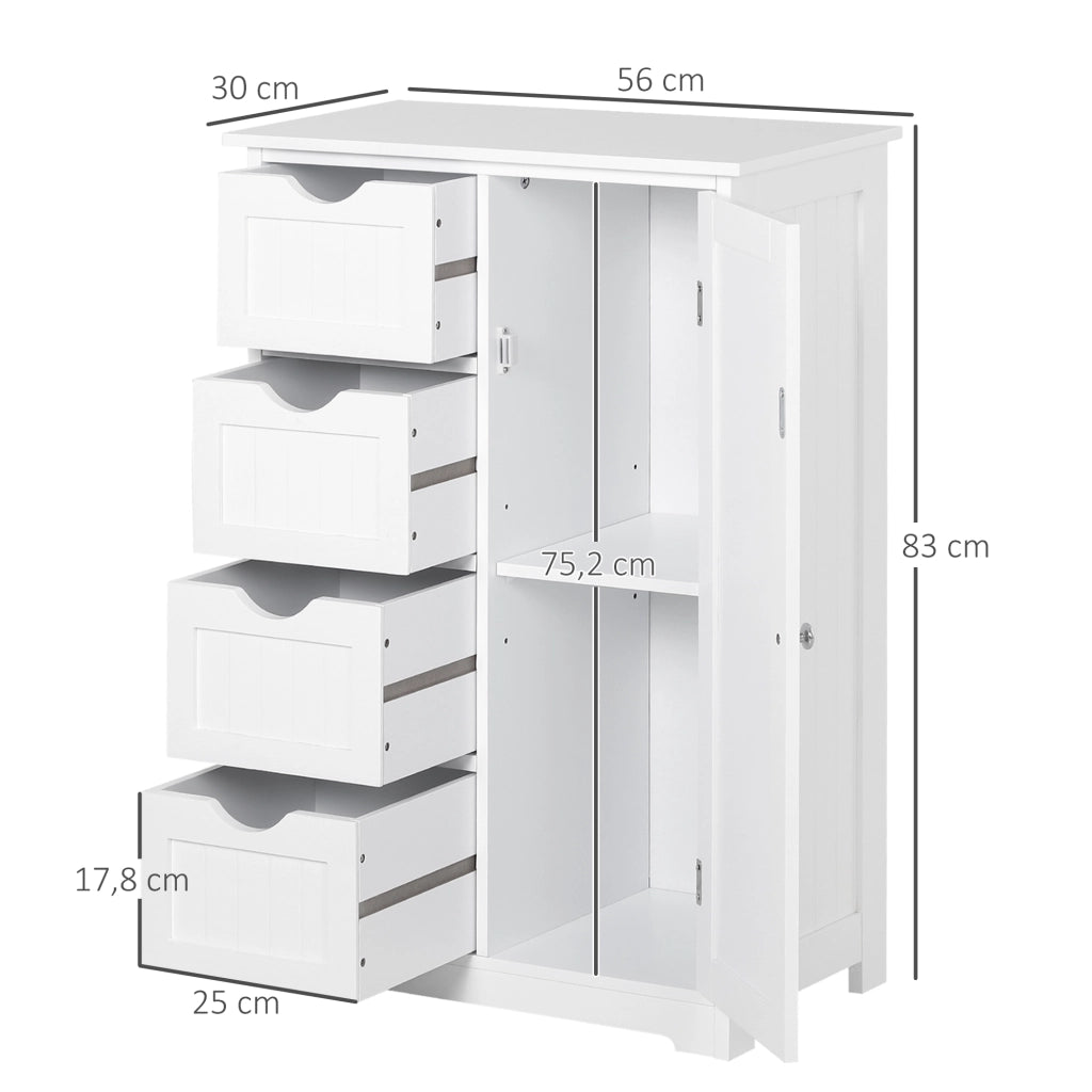 Mobile da Bagno con Anta, 4 Cassetti e Ripiano Regolabile ¨C zephmum ¨C 56x30x83 cm Bianco