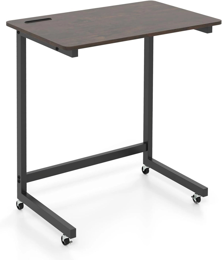Tavolino Laterale a C con Ruote, Tavolo da Divano con Fessura Porta Cellulare Integrata e 2 Ruote Blocabili, Tavolino TV Mobile per Soggiorno e Camera da Letto, Marrone Rustico