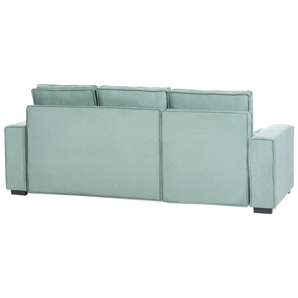 Divano letto angolare a 3 posti con rivestimento in tessuto verde chiaro, lato destro, con braccioli contenitore reversibili, stile moderno per soggiorno