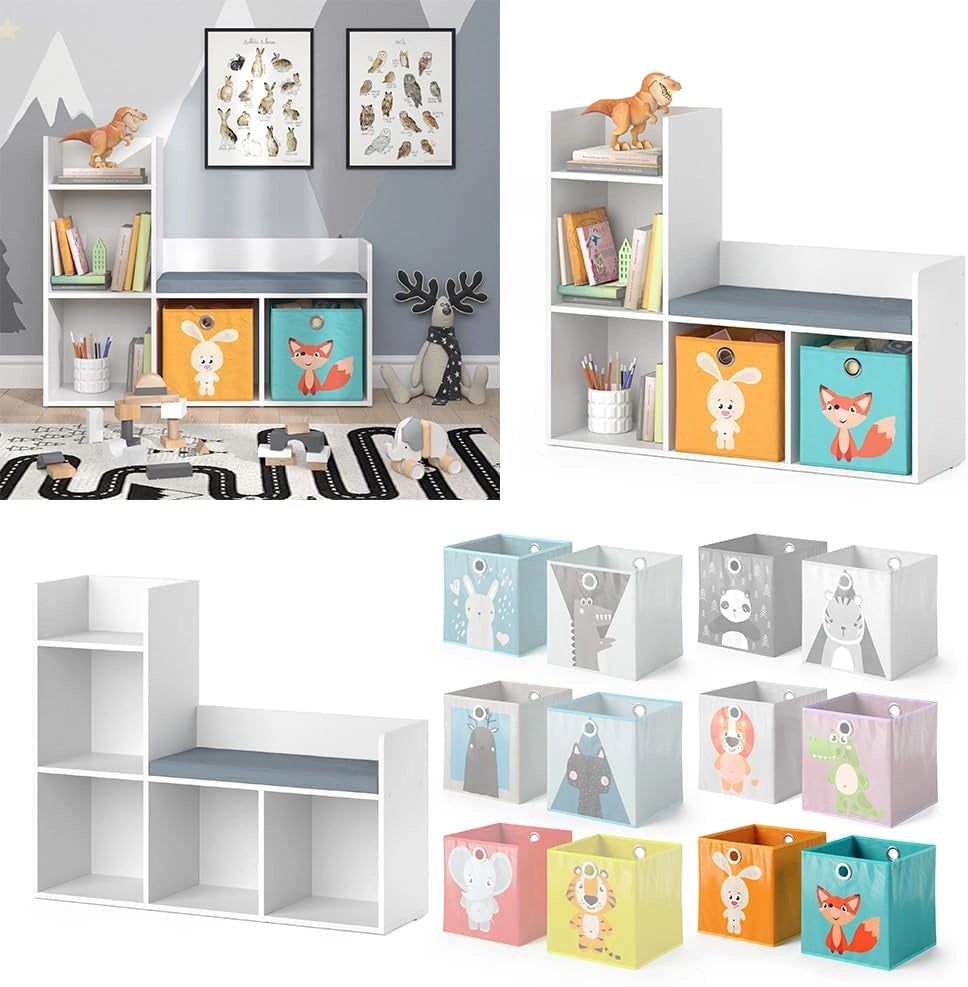 Scaffale per bambini Luigi, Bianco, 107.2 x 88.6 cm con 2 scatole pieghevoli opt.1, con seduta imbottita e quattro ripiani aperti