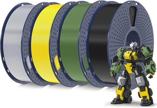 Filamento per stampa 3D PLA Plus 1,75 mm - 4 kg - Filamento di alta qualità e versatile PLA+ per stampanti 3D FDM in nero, verde oliva e giallo - 4 bobine