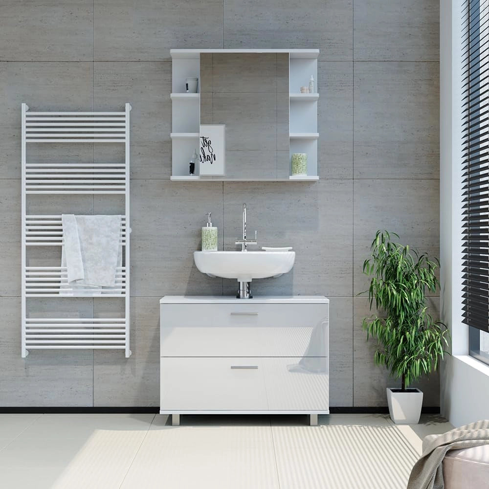 Set di mobili da bagno Ilias, Bianco lucido, 80.2 cm, composto da specchio da bagno e mobile sottolavabo