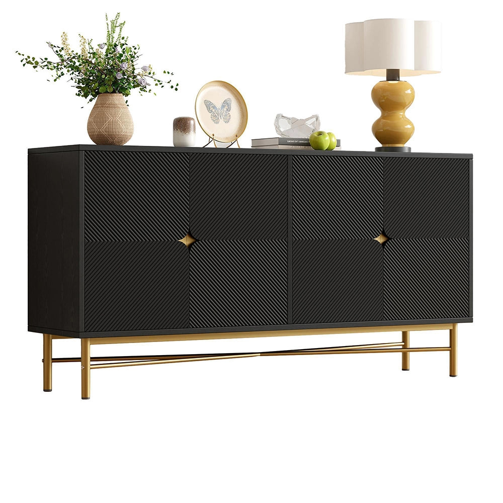 Credenza 160cm Texturizzata - Xylo - 4 Ante con Maniglie Oro, Colore Nero