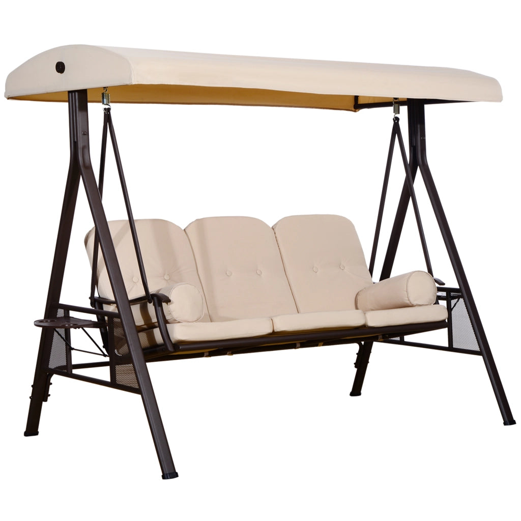Dondolo 3 Posti con Tetto Regolabile, Portabicchieri e Cuscini, in Metallo e Poliestere, 208x121x172 cm, Beige