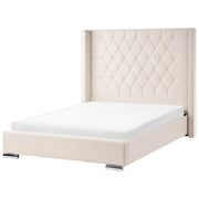 Letto matrimoniale a doghe velluto bianco sporco imbottito trapuntato poggiatesta 140 x 200 cm stile glamour elegante